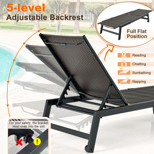 Patio PE Rattan Chaise Lounge with 5-Level Backrest and Wheels-Brown - Image 6