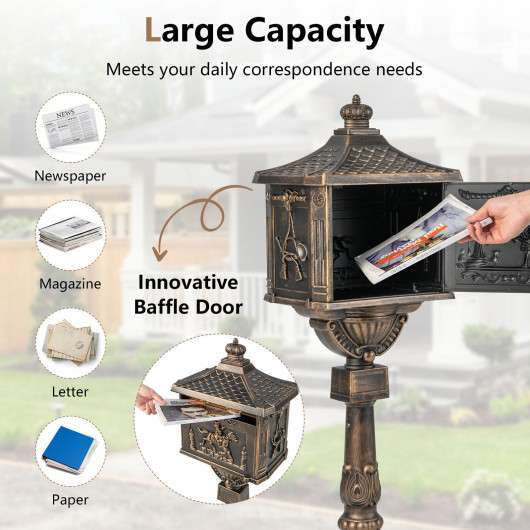 Retro Cast Aluminum Mailbox Security Postal Letter Box with Baffle Door-Bronze - Image 3