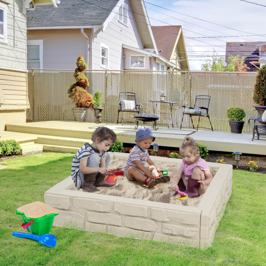 2-In-1 HDPE Kids Sandbox with Cover and Bottom Liner-White - Image 6