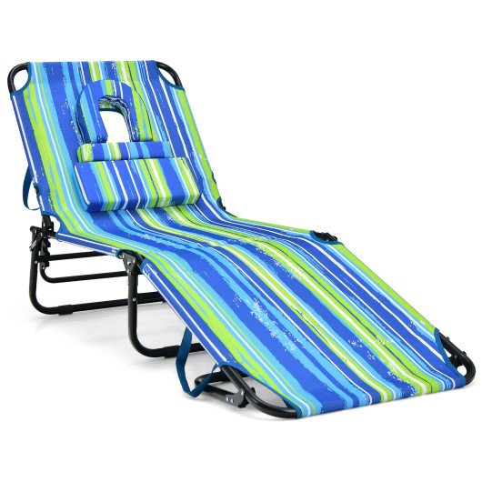 Beach Chaise Lounge Chair with Face Hole and Removable Pillow-Blue & Green - Image 5