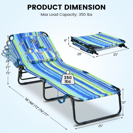 Beach Chaise Lounge Chair with Face Hole and Removable Pillow-Blue & Green - Image 3