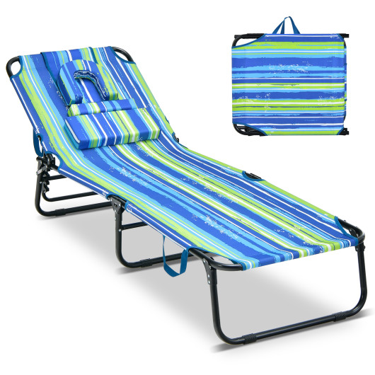 Beach Chaise Lounge Chair with Face Hole and Removable Pillow-Blue & Green - Image 4