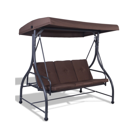 3 Seats Converting Outdoor Swing Canopy Hammock with Adjustable Tilt Canopy-Brown