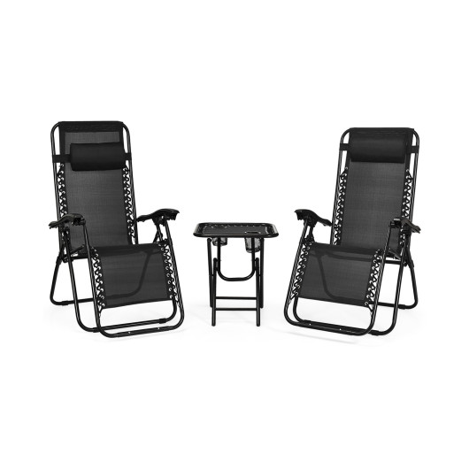 3 Pieces Folding Portable Zero Gravity Reclining Lounge Chairs Table Set-Black - Image 6
