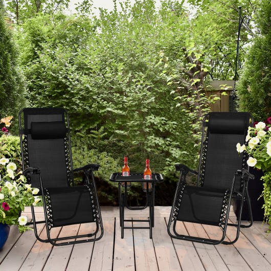 3 Pieces Folding Portable Zero Gravity Reclining Lounge Chairs Table Set-Black - Image 2