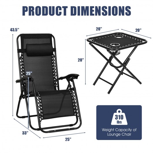 3 Pieces Folding Portable Zero Gravity Reclining Lounge Chairs Table Set-Black - Image 4