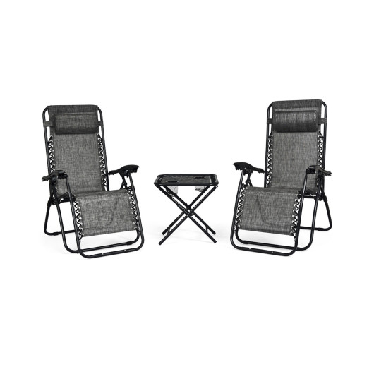 3 Pieces Folding Portable Zero Gravity Reclining Lounge Chairs Table Set-Gray