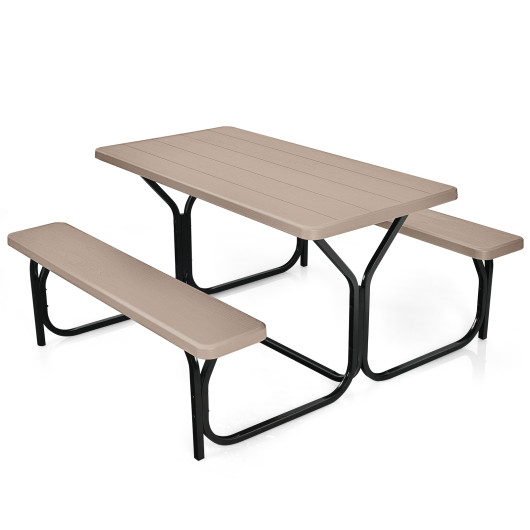 HDPE Outdoor Picnic Table Bench Set with Metal Base-Coffee - Image 2