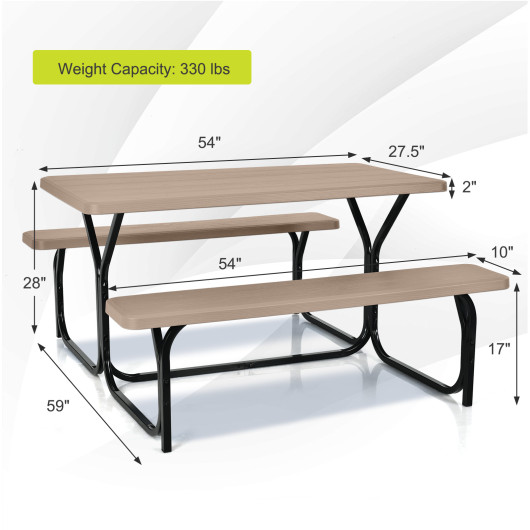 HDPE Outdoor Picnic Table Bench Set with Metal Base-Coffee - Image 3