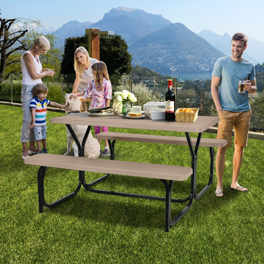 HDPE Outdoor Picnic Table Bench Set with Metal Base-Coffee - Image 4