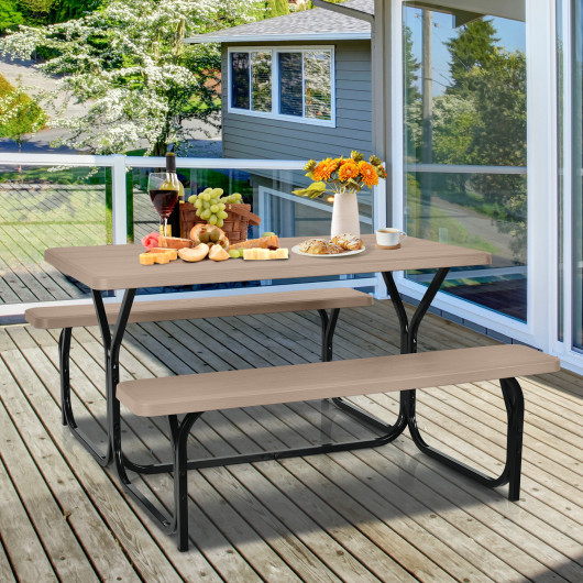 HDPE Outdoor Picnic Table Bench Set with Metal Base-Coffee - Image 5