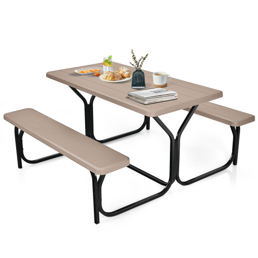 HDPE Outdoor Picnic Table Bench Set with Metal Base-Coffee - Image 6