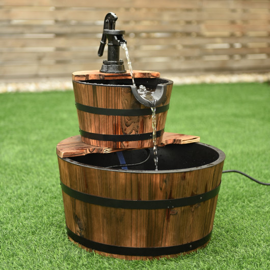 2-Tiers Outdoor Wooden Barrel Waterfall Fountain with Pump - Image 2