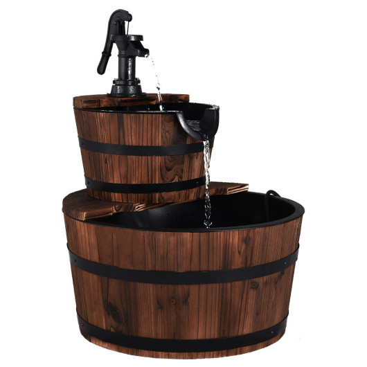 2-Tiers Outdoor Wooden Barrel Waterfall Fountain with Pump - Image 4