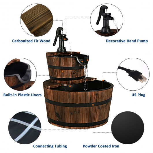 2-Tiers Outdoor Wooden Barrel Waterfall Fountain with Pump - Image 3