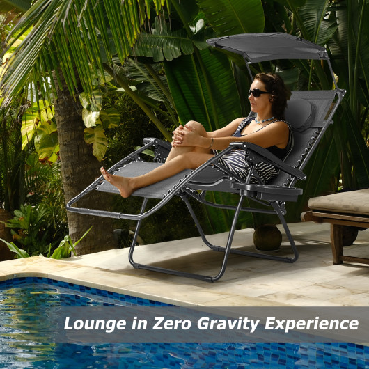 Folding Recliner Lounge Chair with Shade Canopy Cup Holder-Black - Image 6
