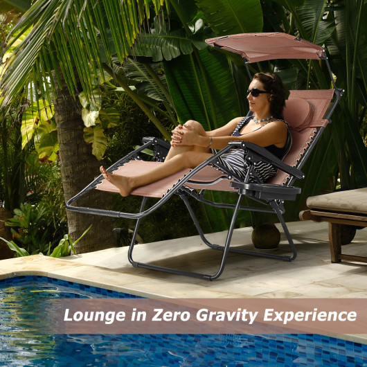 Folding Recliner Lounge Chair with Shade Canopy Cup Holder-Brown - Image 3