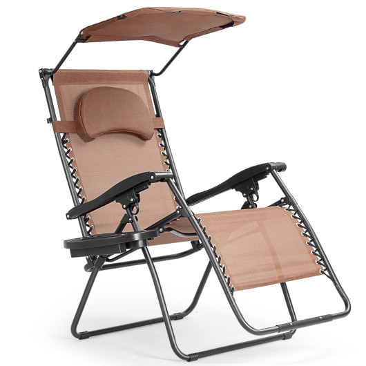 Folding Recliner Lounge Chair with Shade Canopy Cup Holder-Brown - Image 2