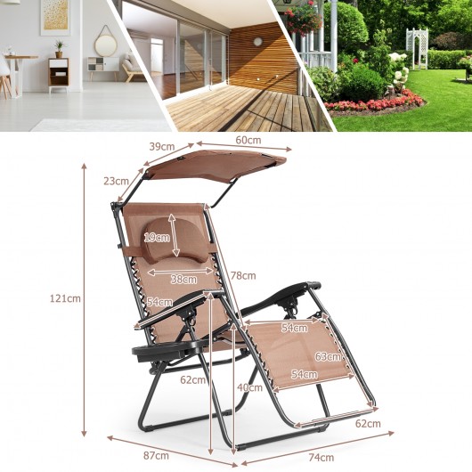 Folding Recliner Lounge Chair with Shade Canopy Cup Holder-Brown - Image 6
