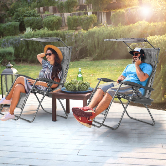 Folding Recliner Lounge Chair with Shade Canopy Cup Holder-Gray - Image 3