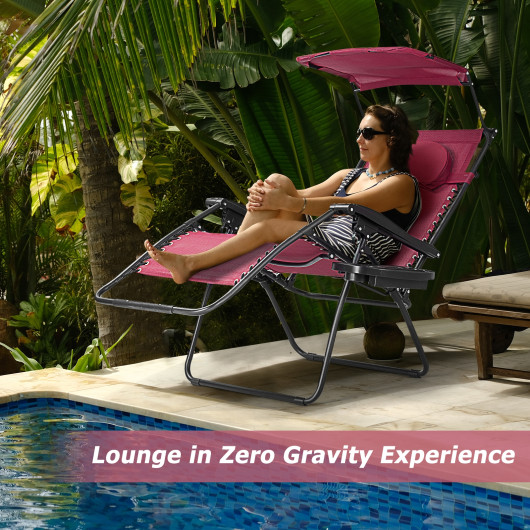 Folding Recliner Lounge Chair with Shade Canopy Cup Holder-Dark Red - Image 2