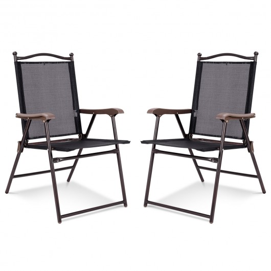Set of 2 Patio Folding Sling Back Camping Deck Chairs-Black