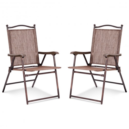Set of 2 Patio Folding Sling Back Camping Deck Chairs-Brown
