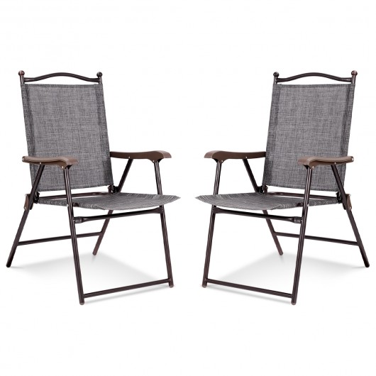 Set of 2 Patio Folding Sling Back Camping Deck Chairs-Gray