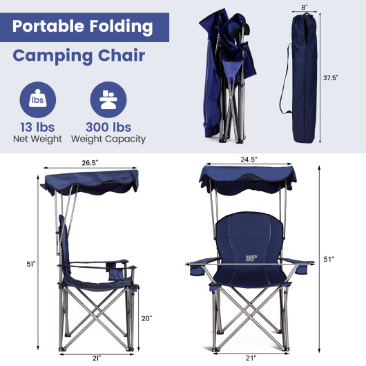 Portable Folding Beach Canopy Chair with Cup Holders-Blue - Image 5
