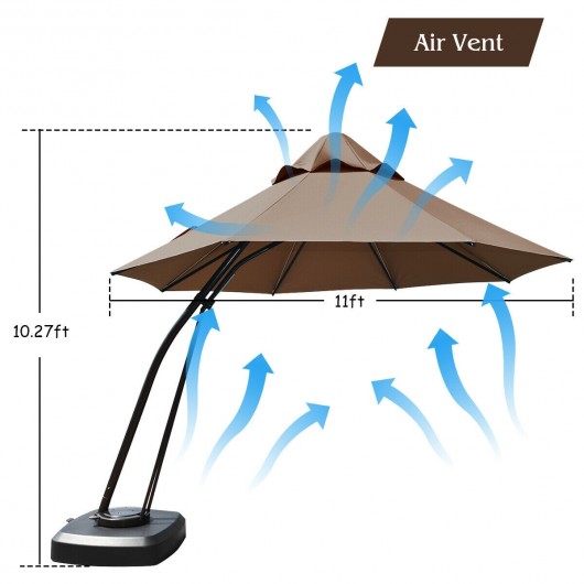 11 Feet Outdoor Cantilever Hanging Umbrella with Base and Wheels-Tan - Image 5
