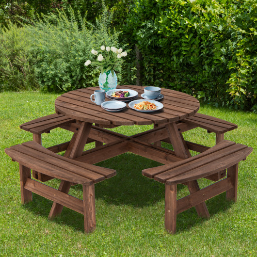 Patio 8 Seat Wood Picnic Dining Seat Bench Set - Image 2