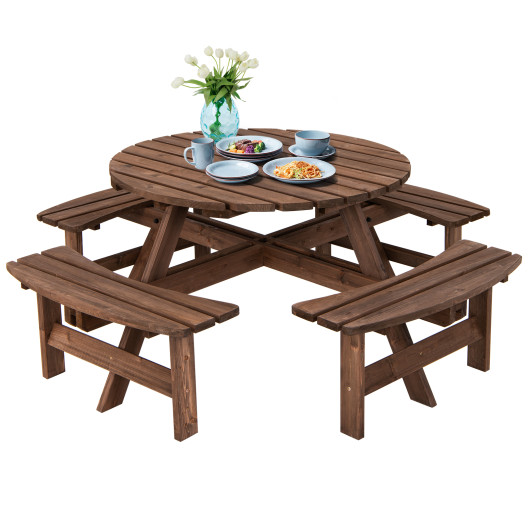 Patio 8 Seat Wood Picnic Dining Seat Bench Set - Image 4