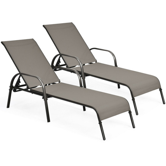 2 Pcs Outdoor Patio Lounge Chair Chaise Fabric with Adjustable Reclining Armrest-Brown - Image 3