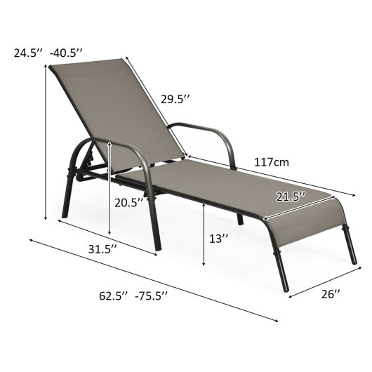 2 Pcs Outdoor Patio Lounge Chair Chaise Fabric with Adjustable Reclining Armrest-Brown - Image 4