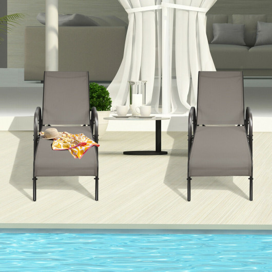 2 Pcs Outdoor Patio Lounge Chair Chaise Fabric with Adjustable Reclining Armrest-Brown - Image 5