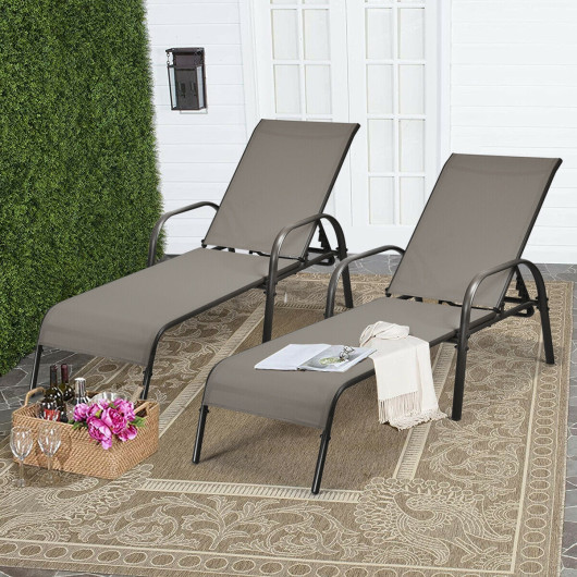 2 Pcs Outdoor Patio Lounge Chair Chaise Fabric with Adjustable Reclining Armrest-Brown - Image 6
