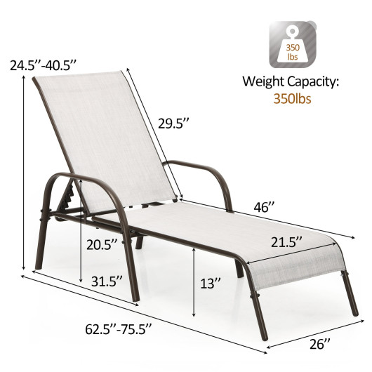2 Pcs Outdoor Patio Lounge Chair Chaise Fabric with Adjustable Reclining Armrest-Gray - Image 5
