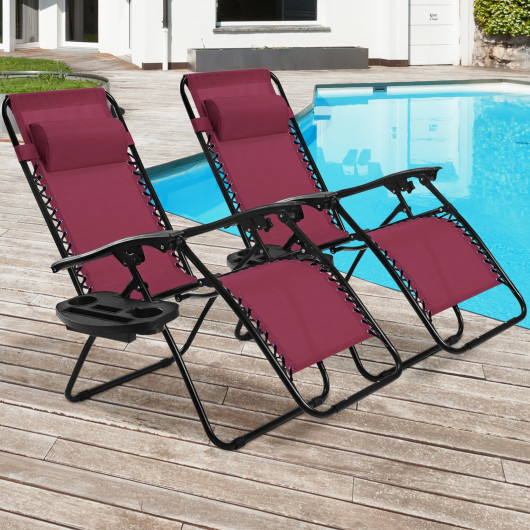 2 Pieces Folding Lounge Chair with Zero Gravity-Dark Red - Image 2