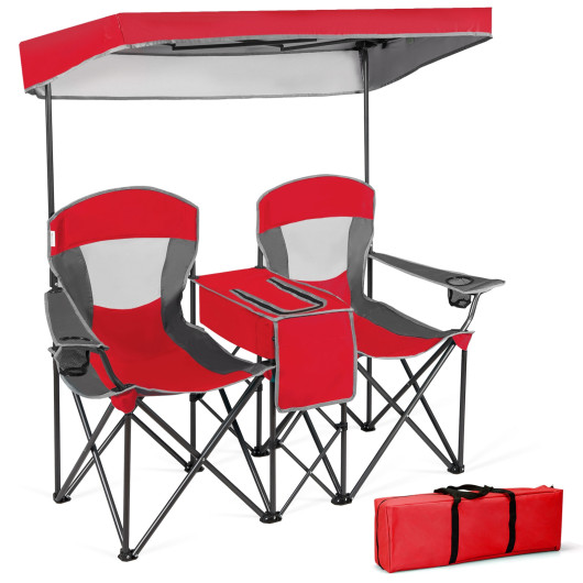 Portable Folding Camping Canopy Chairs with Cup Holder-Red - Image 3