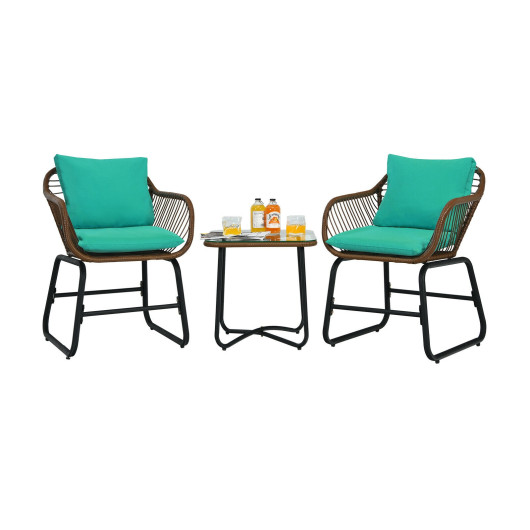 3 Pieces Patio Rattan Bistro Set Cushioned Chair Glass Table Deck-Turquoise - Image 3