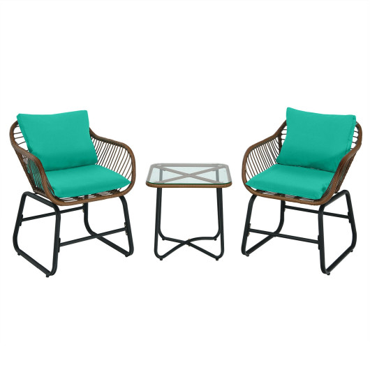 3 Pieces Patio Rattan Bistro Set Cushioned Chair Glass Table Deck-Turquoise - Image 2