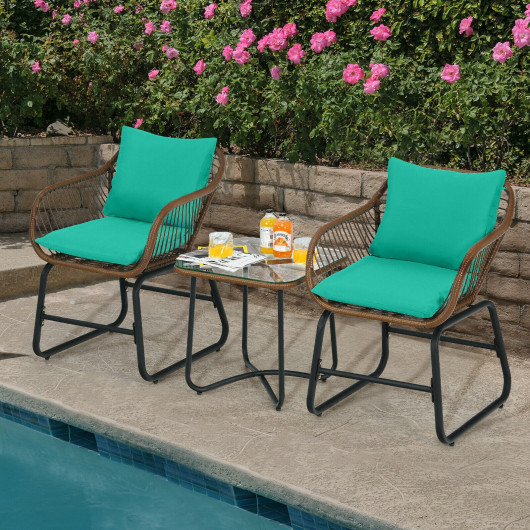 3 Pieces Patio Rattan Bistro Set Cushioned Chair Glass Table Deck-Turquoise - Image 6
