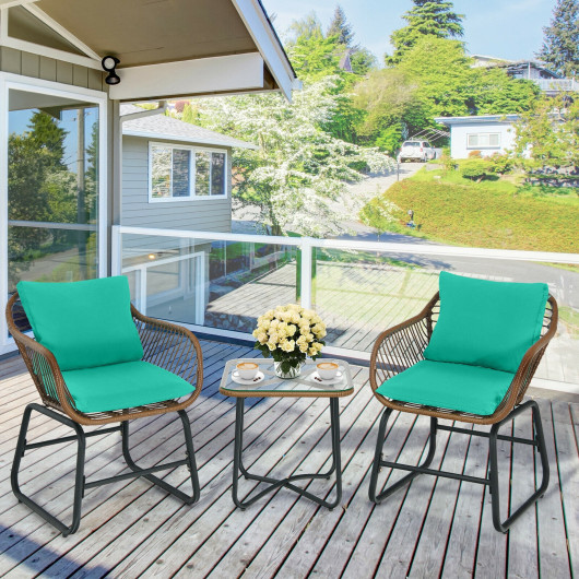 3 Pieces Patio Rattan Bistro Set Cushioned Chair Glass Table Deck-Turquoise - Image 5