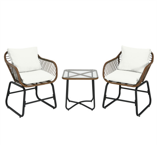 3 Pieces Patio Rattan Bistro Set Cushioned Chair Glass Table Deck-White