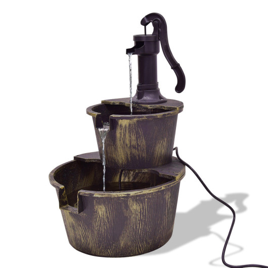 2 Tiers Outdoor Barrel Waterfall Fountain with Pump - Image 5
