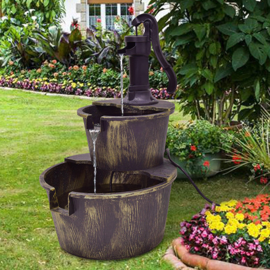2 Tiers Outdoor Barrel Waterfall Fountain with Pump - Image 4