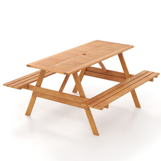 6 Person Picnic Table Set Patio Rectangle with 2 Built-in Benches and Umbrella Hole - Image 2
