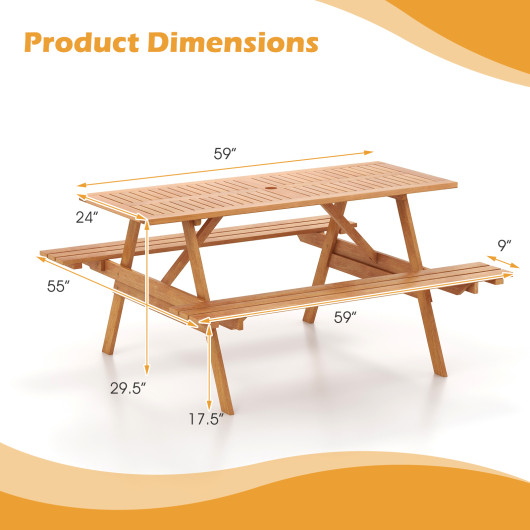 6 Person Picnic Table Set Patio Rectangle with 2 Built-in Benches and Umbrella Hole - Image 4