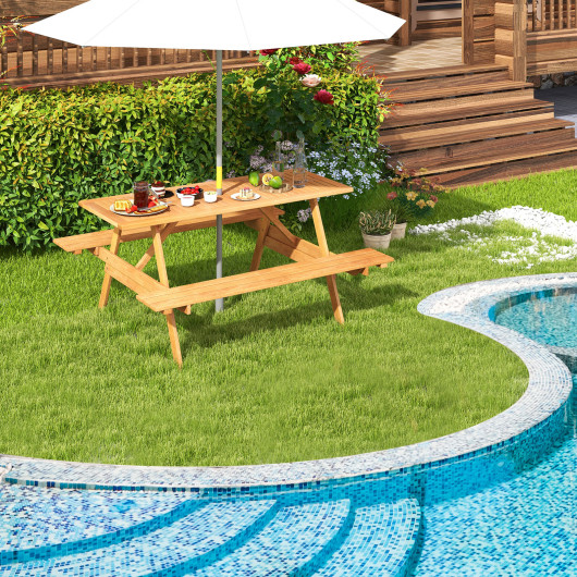 6 Person Picnic Table Set Patio Rectangle with 2 Built-in Benches and Umbrella Hole - Image 5