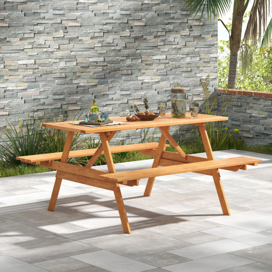 6 Person Picnic Table Set Patio Rectangle with 2 Built-in Benches and Umbrella Hole - Image 6